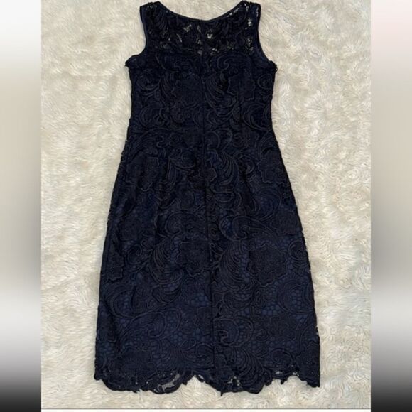 Adrianna Papell Illusion Neckline Navy Lace Sheath Dress - Picture 6 of 12